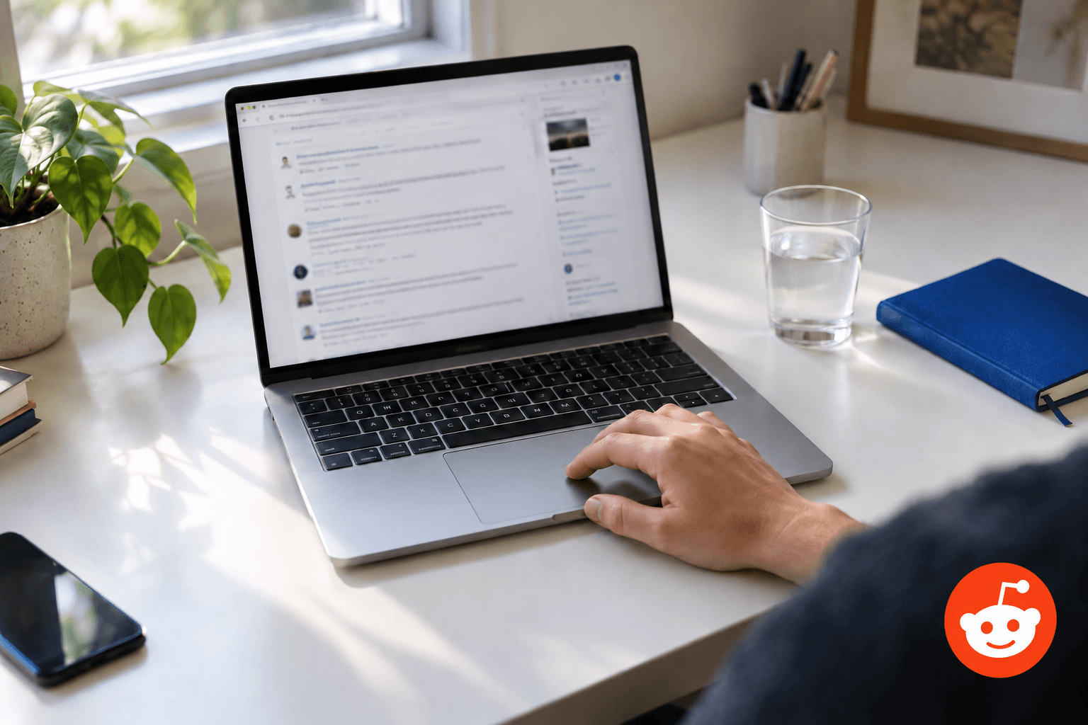 A laptop shows an online discussion feed beside a blue notebook, with a Reddit logo in the bottom-right corner.