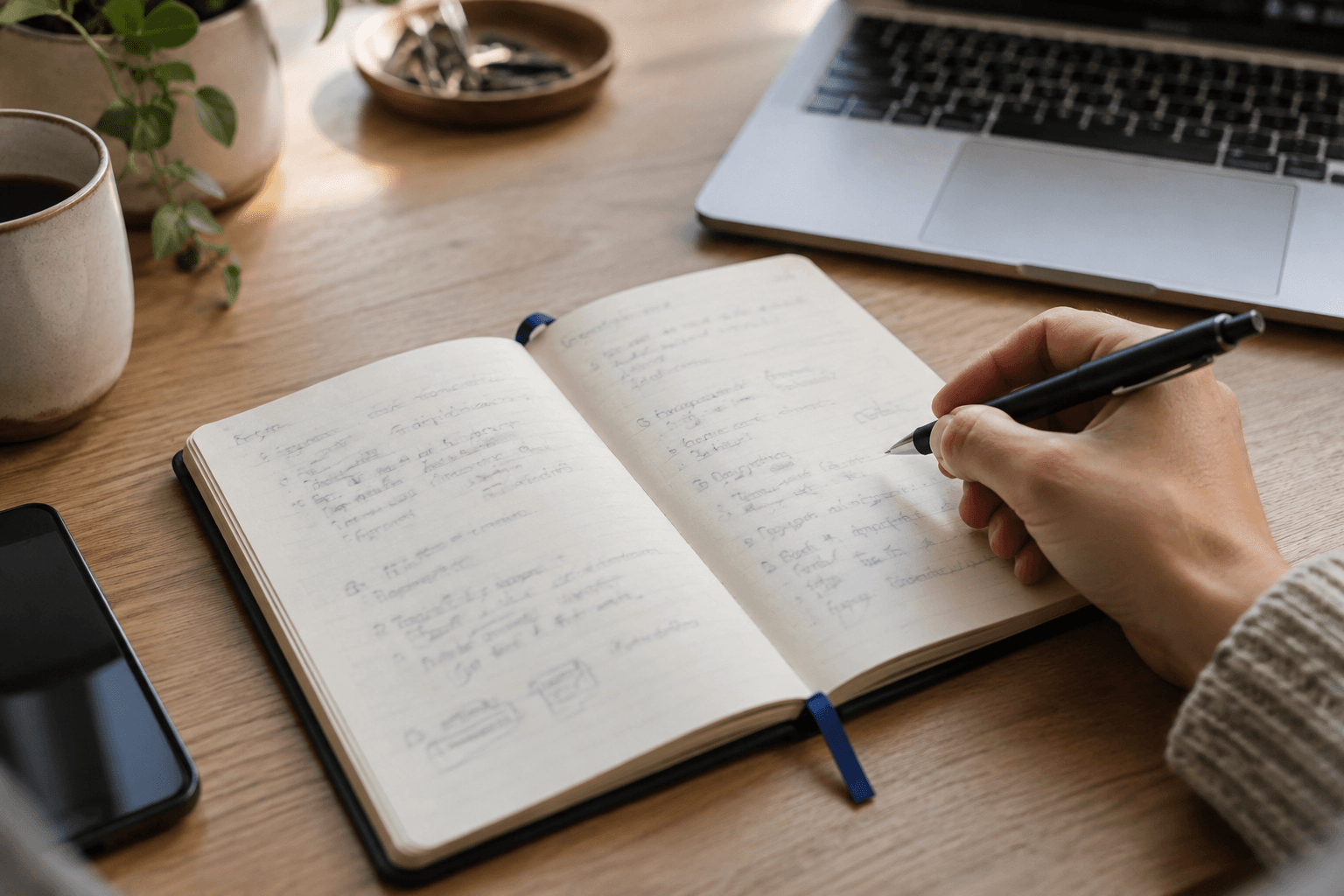 A person writes notes in a notebook beside an open laptop while reviewing online conversations.
